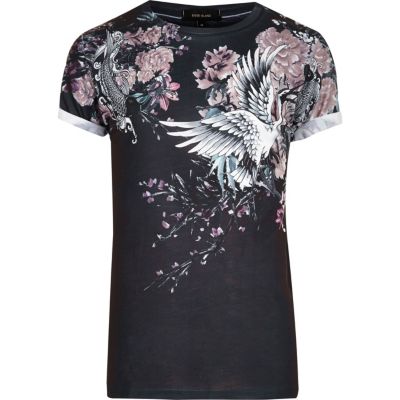 Black Oriental floral print T-shirt